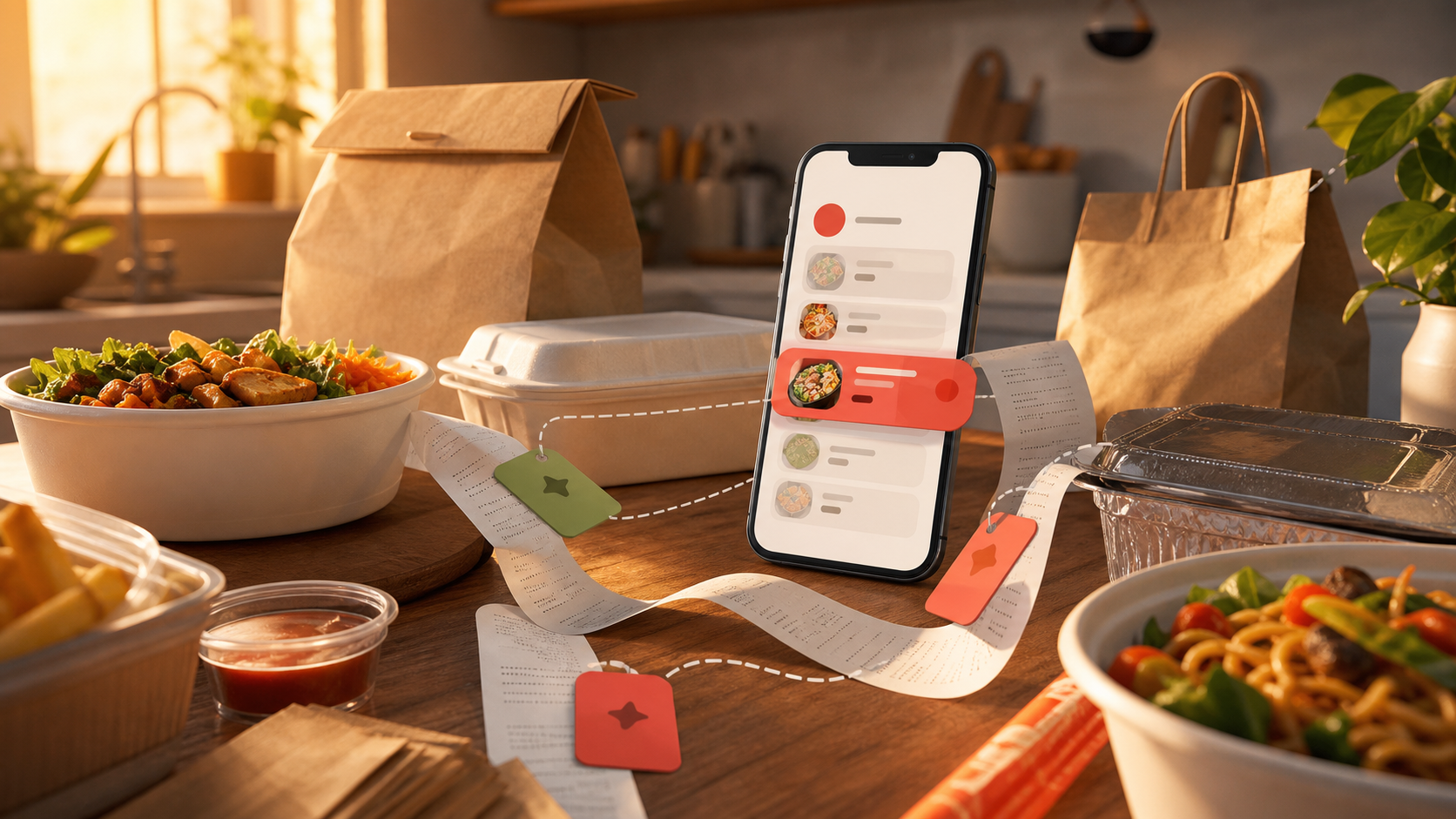 A warm takeout table with a phone, receipt paths, and deal tags representing DealMeal finding better food offers.